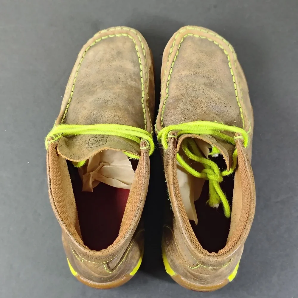 Twisted X Driving Moc Boys 4M Brown Leather Neon Green Accents YDM0001 Shoes